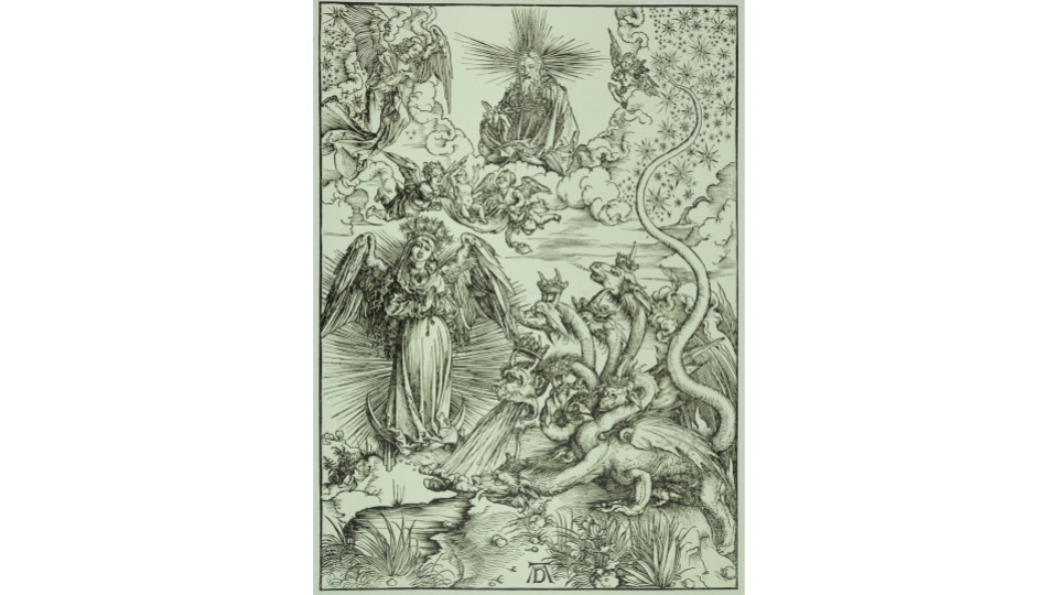 Albrecht Durer, The Apocalypse (Latin Edition): The Woman of the Apocalypse and the Dragon with seven heads (Bartsch 71), c. 1497. Petit Palais, Museum of Fine Arts of the City of Paris. engraving