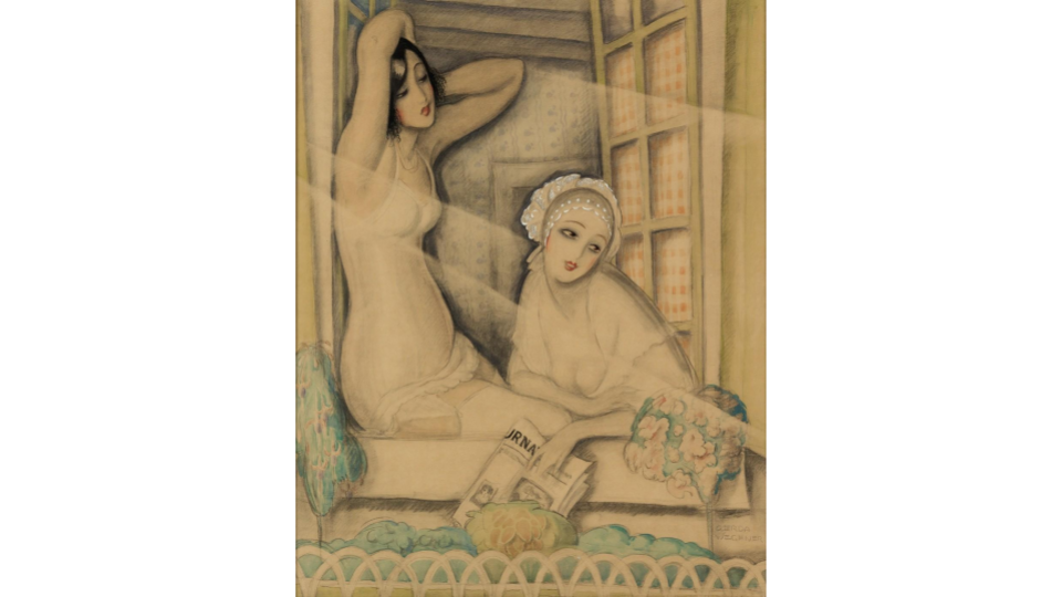 Gerda Wegener, Two Women in a Window, watercolor, crayon, charcoal & wash, circa 1920.