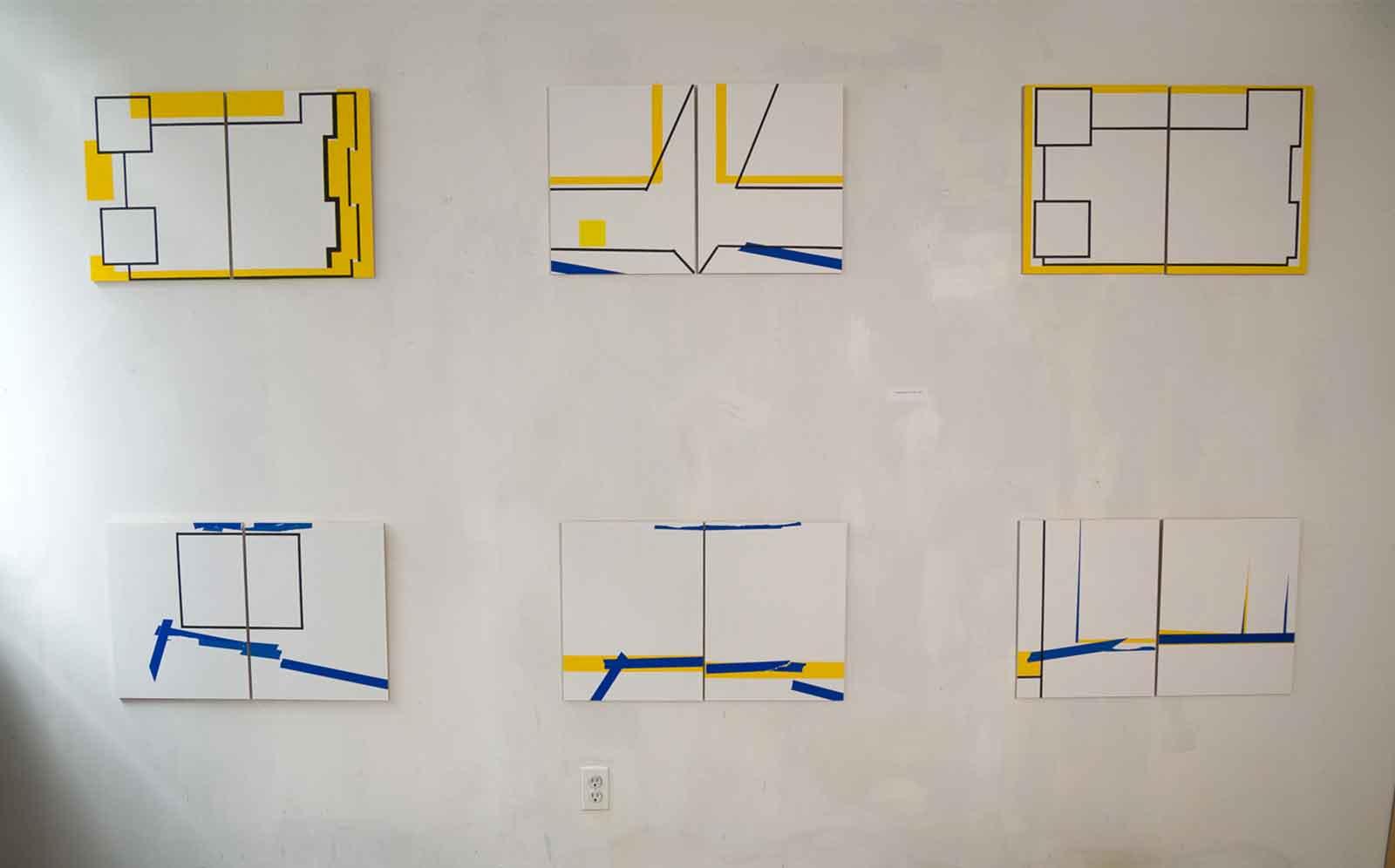 Studio installation of paintings and drawings from the series Indecidability of the Sign: Frame.