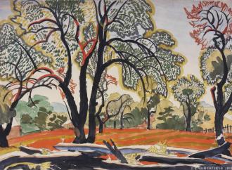 Charles Burchfield (American, 1893–1967), Moon in the Orchard, 1916, transparent and opaque watercolor with graphite on paper. 13 7/8 x 19 7/8 in. Munson Museum of Art, Edward W. Root Bequest, 57.94. 