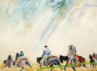 Earl Biss, Apsáalooke (Crow), 1947 – 1998, A Ride in the Sweet Grass, oil on canvas, 50 1/8 x 80 1/8 in. (127.3 x 203.5 cm.), frame: 57 1/8 x 87 1/8 x 1 1/4 in. (145.1 x 221.3 x 3.2 cm.) Estimate: 30,000-60,000