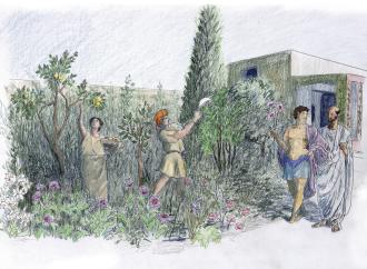Artistic reconstruction of strollers and gardeners at work in the Casa della Regina Carolina garden. Dr. Tally-Schumacher’s work argues that the majority of garden laborers would have been enslaved individuals. Drawing: Yaniv Korman with permission. 
