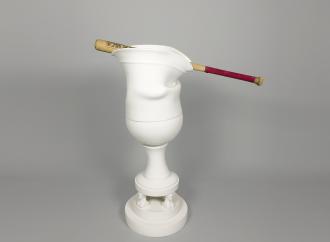 Laurent Craste Iconocraste au bat VII, 2024/25 Porcelain, glaze, and baseball bat 40 3/4 × 33 5/16 × 14 ¾ inches Courtesy of the artis