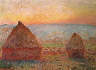 Claude Monet painting of triangular haystacks in the evening light