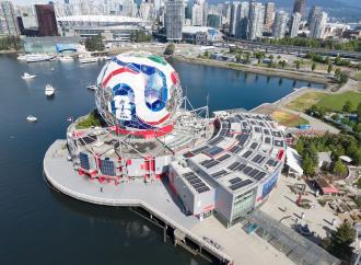 Science World in Vancouver, British Columbia, during its conversion into “The Beautiful Dome”, a temporary structure designed as the adidas Trionda match ball for the 2026 FIFA World Cup.