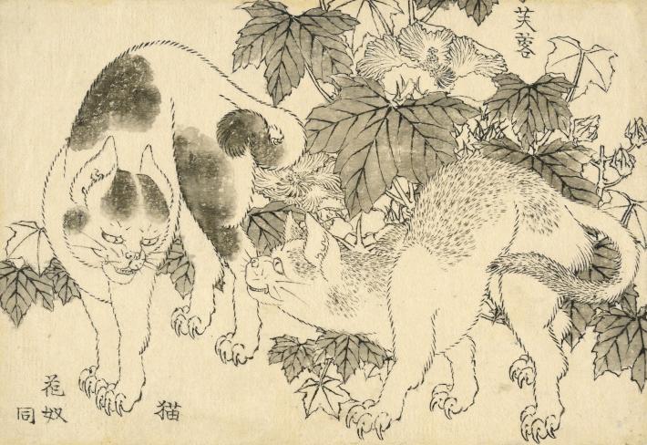 Hokusai print of two cats with hibiscus flowers