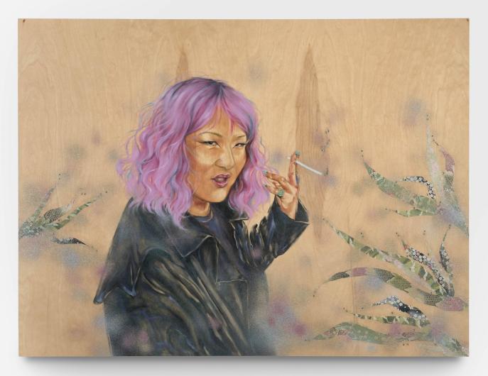 Shizu Saldamando, Portrait of Artist Young Joon Kwak, 2023. oil paint, glitter, washi paper and plastic decals on wood, 36 x 48 in. Courtesy Charlie James Gallery, Los Angeles (Nova)