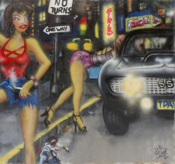 Lady Pink spraypaint painting of women working the street with a car
