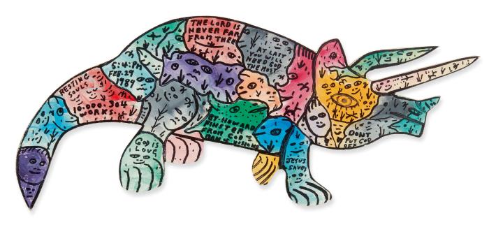 Howard Finster outline of a triceratops, multicolored filled with text 