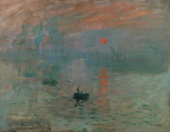 Claude Monet painting of a red sun rising on a watery landscape with boat