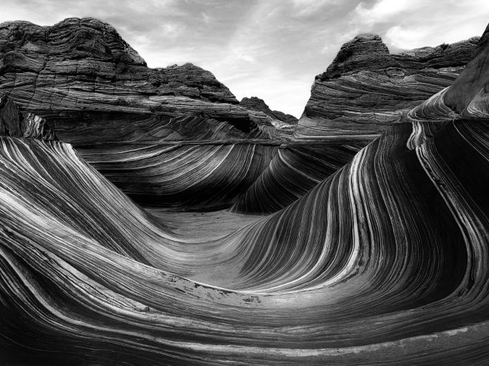 black and white photograph of wind-swept rocks