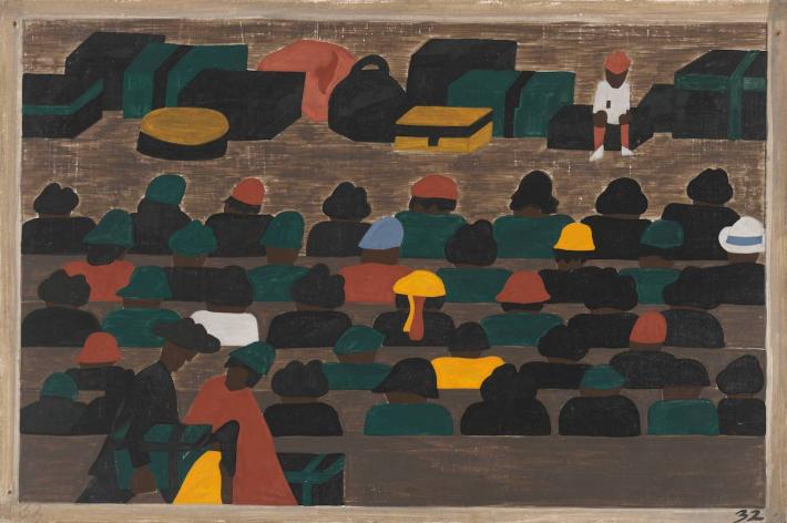 Jacob Lawrence, The railroad stations in the South were crowded with people leaving for the North, 1940-41
