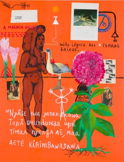 Denilson Baniwa, Mitologia das terras baixas (Lowland mythology), 2026. Acrylic, oil pastels, and collage on canvas. 51 1/8 x 39 3/8 x 1 1/8 in, 130 x 100 x 3 cm. Courtesy A Gentil Carioca, Rio de Janeiro and São Paulo