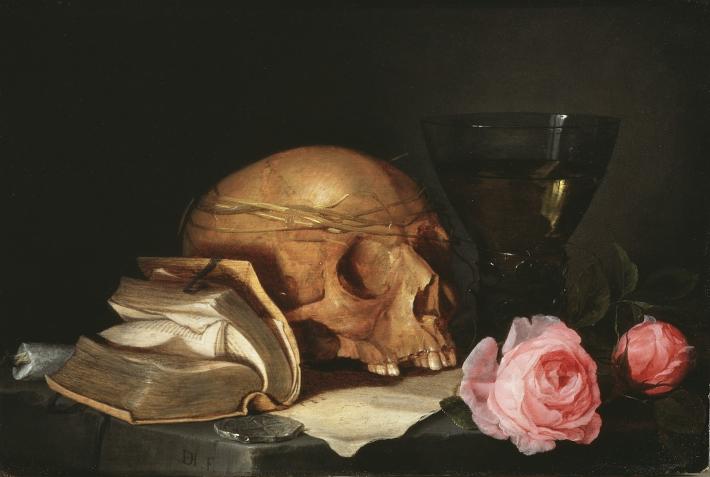 Jan Davidsz de Heem, Still Life with a Skull, a Book, and Roses, 1630.