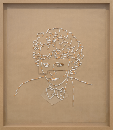 Sarah Lucas, Maggi the Magi, 2026. Brown paper, cigarettes, MDF frame,  133.7 x 119.7 x 2 cm / 52 5/8 x 47 1/8 x 3/4 in. Courtesy Contemporary Fine Arts.