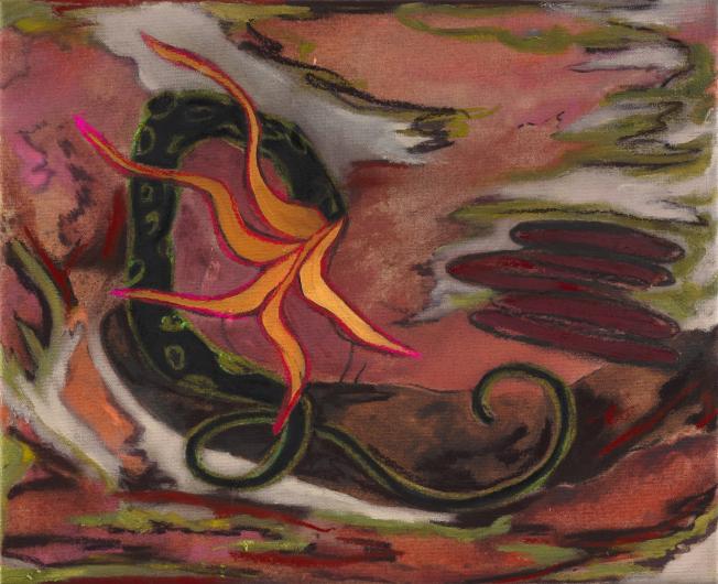 Fernanda Galvão, Mãozita-Snake-Head, 2026. Charcoal, dry pastel, oil stick and oil on linen, 43.5 x 54 cm. Photo: Nicolas Brasseur. Courtesy the artist, Casa Triângulo and Foundry Seoul.