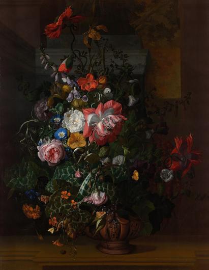 5 Rachel Ruysch, Roses, Convolvulus, Poppies, and Other Flowers in an Urn on a Stone Ledge, 1688. 