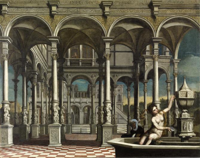 figures in painting sitting in open air courtyard. Bathsheba sits at a fountain and david sits just outside of it, right behind her.