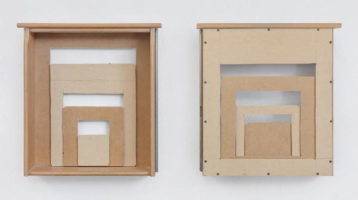 Marcelo Cidade, Dentro de fora 15 (Enter from outside 15), 2025. Modified drawers and glue, 47 ¹⁄₄ × 70 ⁷⁄₈ in, 120 x 180 cm. Courtesy Galeria Vermehlo, São Paulo.