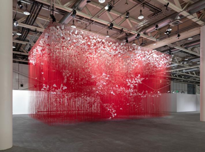 Chiharu Shiota, The Extended Line, 2023 - 2024. Mixed media, rope, and paper, 52 x 30 feet | 16 x 9 meters.