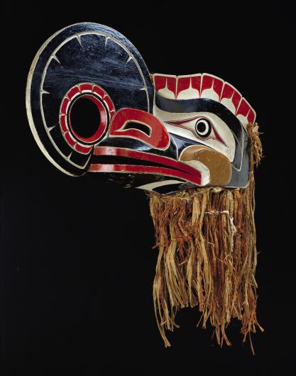 Galukw'amhl (Mask of the Crooked Beak), ca. 1940, Willie Seaweed (Hilamas), Kwakwaka’wakw, ‘Nak’waxda’xw, Blunden Harbour, 1873-1967, red cedar, paint, red cedar bark, mahogany plywood, leather, cord, 33 7/8 x 11 x 9 1/2 in. (86 x 27.9 x 24.1 cm), Gift of John H. Hauberg.