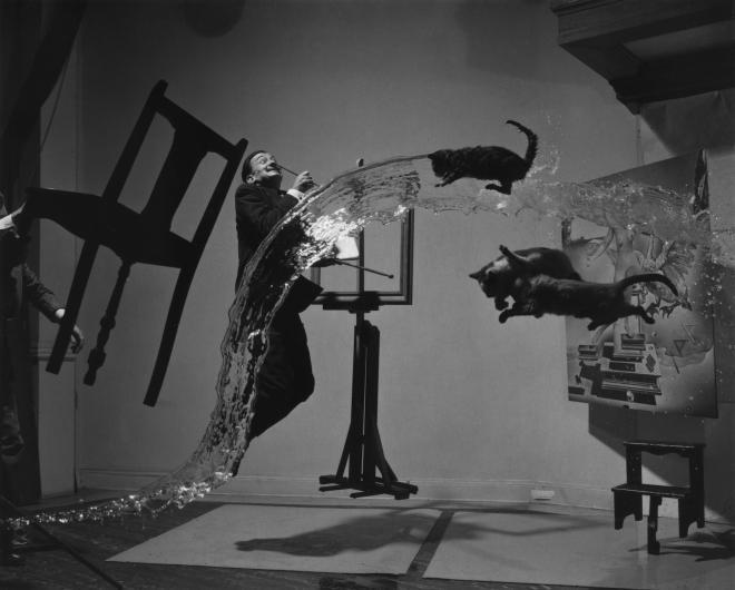 Salvador Dali in Dali Atomicus, photographed by Philippe Halsman, retouched. License