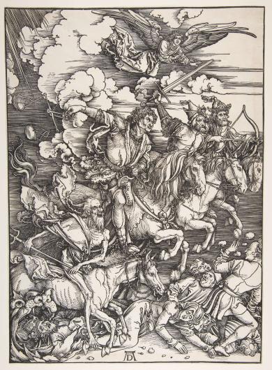Albrecht Dürer, The Four Horsemen, from The Apocalypse, 1498. Woodcut. Sheet: 15 1/4 x 11 7/16 in. (38.8 x 29.1 cm). The Metropolitan Museum of Art, New York, NY. 