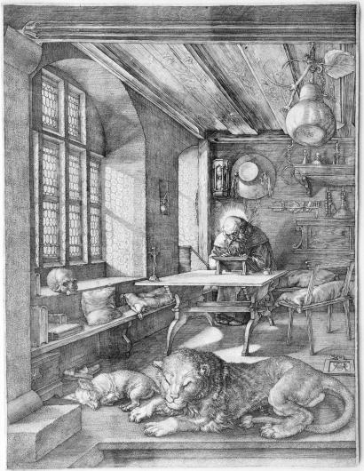 Albrecht Dürer, Saint Jerome in His Study, 1514. Engraving. 9 11/16 x 7 7/16 in. (24.6 x 18.9 cm). The Metropolitan Museum, New York, NY. 