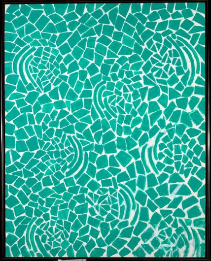 Alma Thomas geometric abstract painting in turquoise patterns on white background