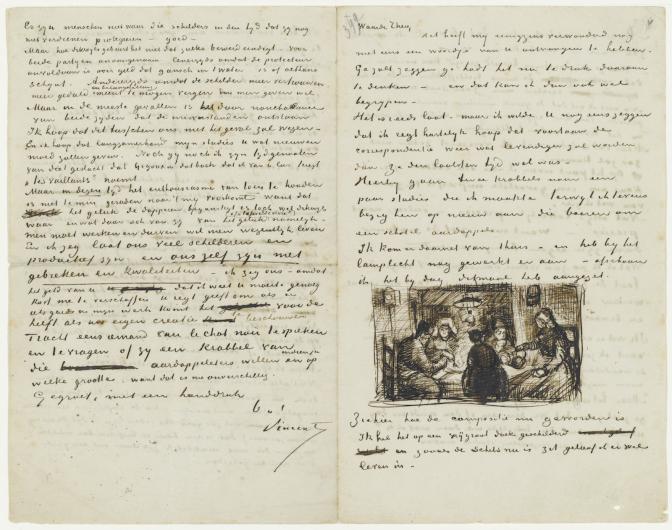 View of a two-page letter written by Vincent. The lower half of the second page is dedicated to a sketch of the potato eaters