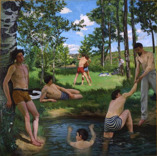 Bazille painting of young men at a swimming hole wearing striped briefs
