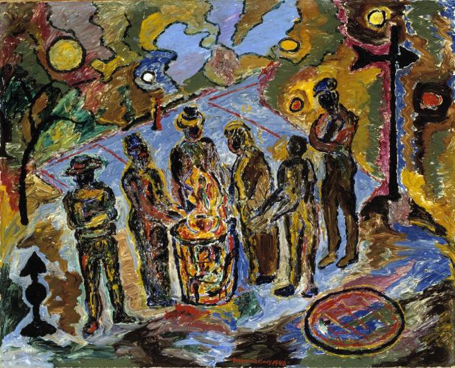 Beauford Delaney oil painting of men around a fire in a steel drum