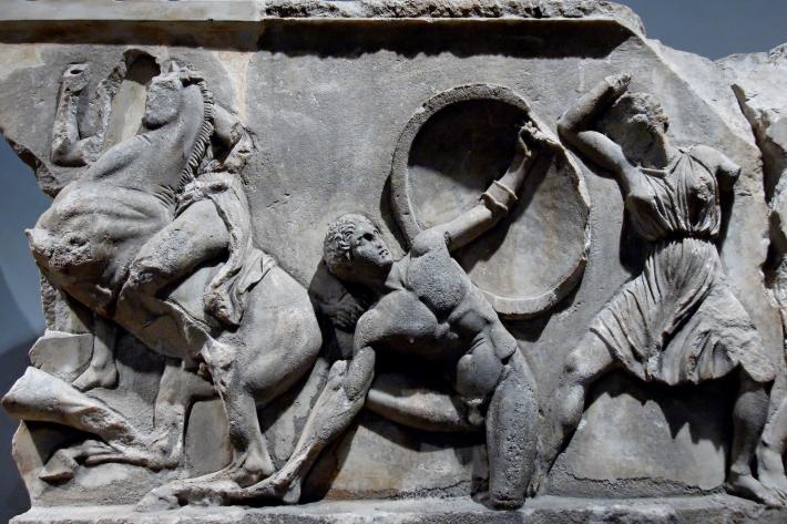 Block from the frieze running around the top of the podium of the Mausoleum at Halicarnassos.