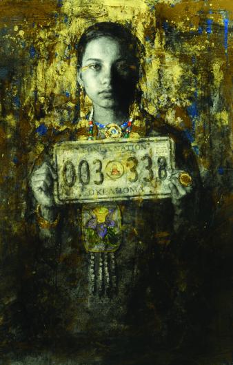 Scott Burdick painting of a young native woman holding a license plate