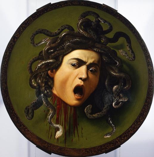 A circular oil painting of Medusa’s decapitated head against a dark green background. She is screaming with her eyes open, and the green snakes on her head are writhing.