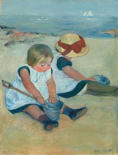 Mary Cassatt painting of two children in white frocks sitting on a sandy beach with pails