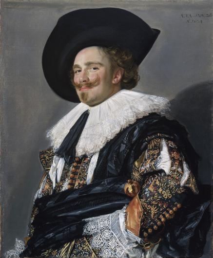 Frans Hals portrait of a white man with red hair and moustache wearing a black hat and intricate clothing, including lace collar