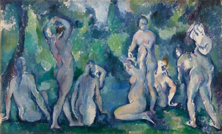 Cezanne painting of a group of nude figures in blue