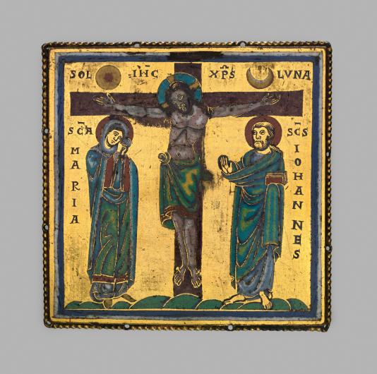 Unknown, Plaque with the Crucifixion, ca. 1150–75. Made in Meuse Valley, Netherlands. Champlevé and cloisonné enamel, copper alloy, gilt. 4 x 4 x 1/8 in. (10.2 x 10.2 x 0.3 cm). The Met. Gift of J. Pierpont Morgan, 1917. 17.190.431.