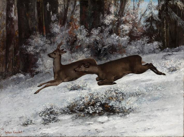 Courbet painting of two deer leaping in the snow