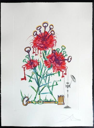 Dalí, Carnation (+ keys) Don Quixote from Surrealist Flowers series, 1972. Photogravure print. Collection of The Dalí Museum, St. Petersburg, FL.