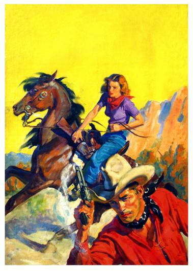 Thomas Lovell, Cover for Dime Western Magazine, 1938. woman on bucking horse infront of bright yellow sky creates a diagonal line while man in foreground in red shirt points his gun, creating an opposing line. 