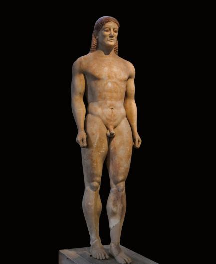 Kroisos Kouros, Funerary statue found on the grave of Kroisos Attic culture, Greece, 530 BCE, Marble, National Archaeological Museum of Athens, Greece