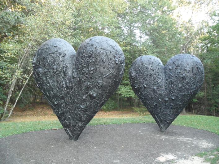 Two Big Black Hearts, 1985, bronze sculptures by American Pop Artist Jim Dine, DeCordova Sculpture Park Lincoln. License