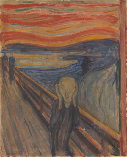 Edvard Munch, The Scream, 1893 painting of a wavy figure with hands raised to face and mouth open screaming in front of a fiery sky