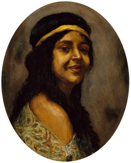 portrait of a woman in three-quarter profile with long dark hair and a head band