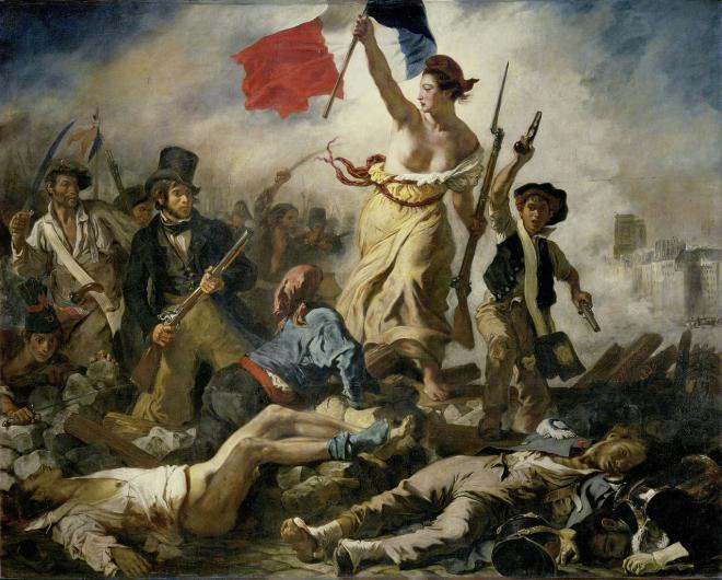 Eugene Delacroix's Liberty Leading the People painting of an allegorical female figure waving the french flag atop a pile of fallen soldiers amidst a battle scene