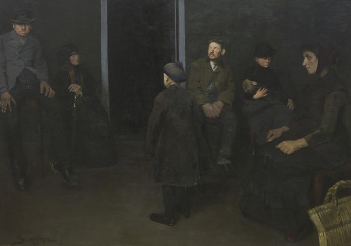 dark painting of white people dressed in black clustered in a dark room near a door