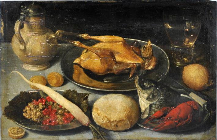 17th century still life of table top with roasted fowl, fish, and more
