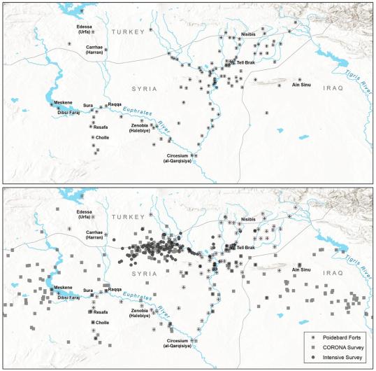 Maps created by archaeologists (J. Casana, D. D. Goodman, and C. Ferwerda) showing the previously known 116 forts (top) compared to the expanded map with the additional 396 forts (bottom).